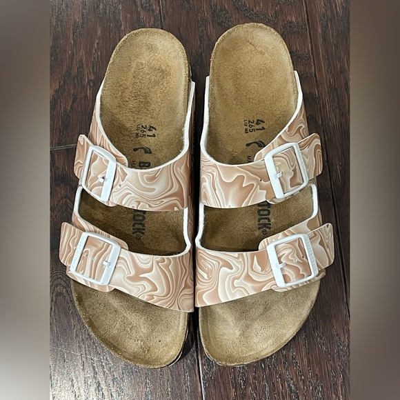 Birkenstock Arizona Birko-Flor Beige Marble Print Sandal Women Size 41 9.5/10 - Picture 7 of 8